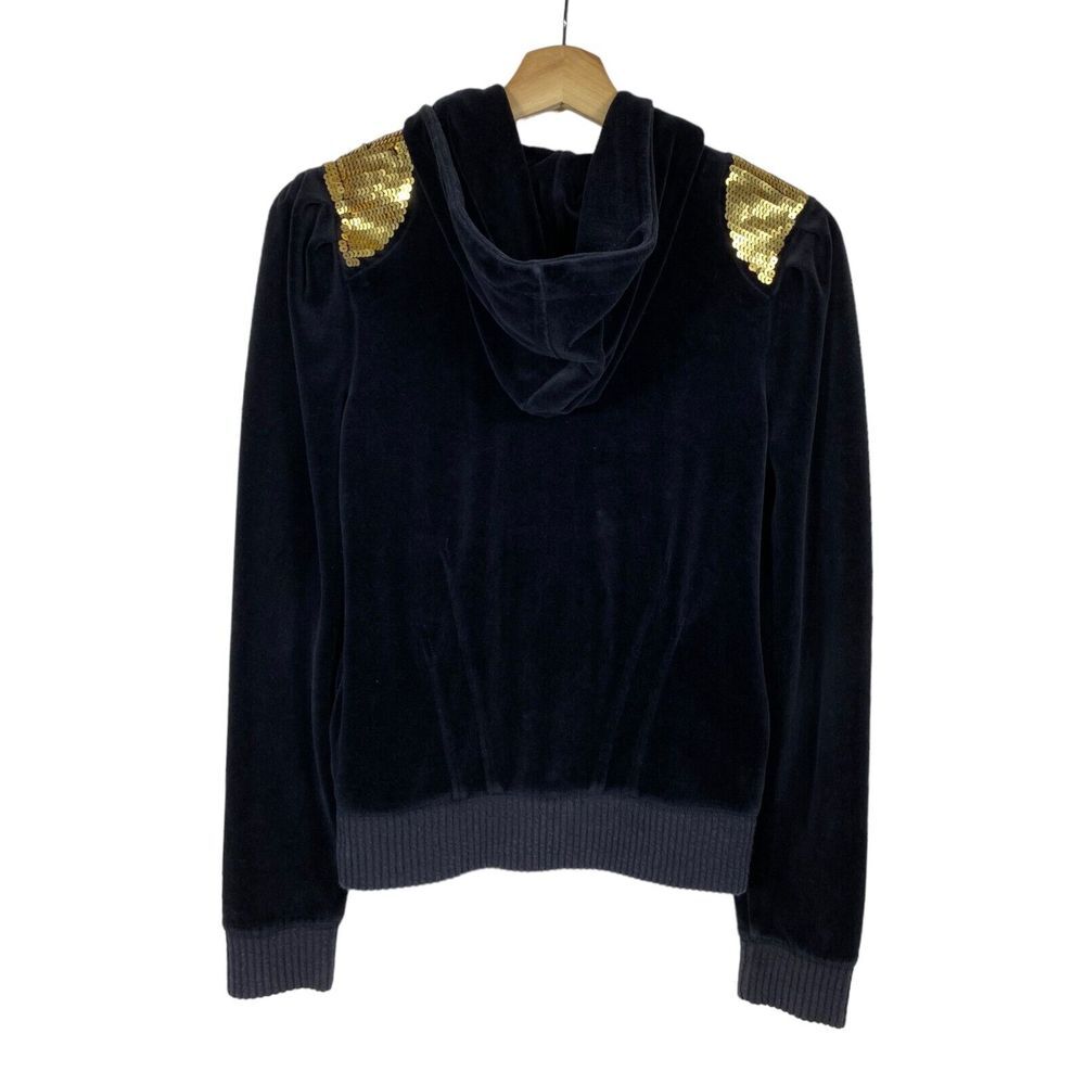 Vtg Juicy Couture Y2K Velour Hoodie Track Jacket Black Full Zip M Gold Sequins - Picture 2 of 4